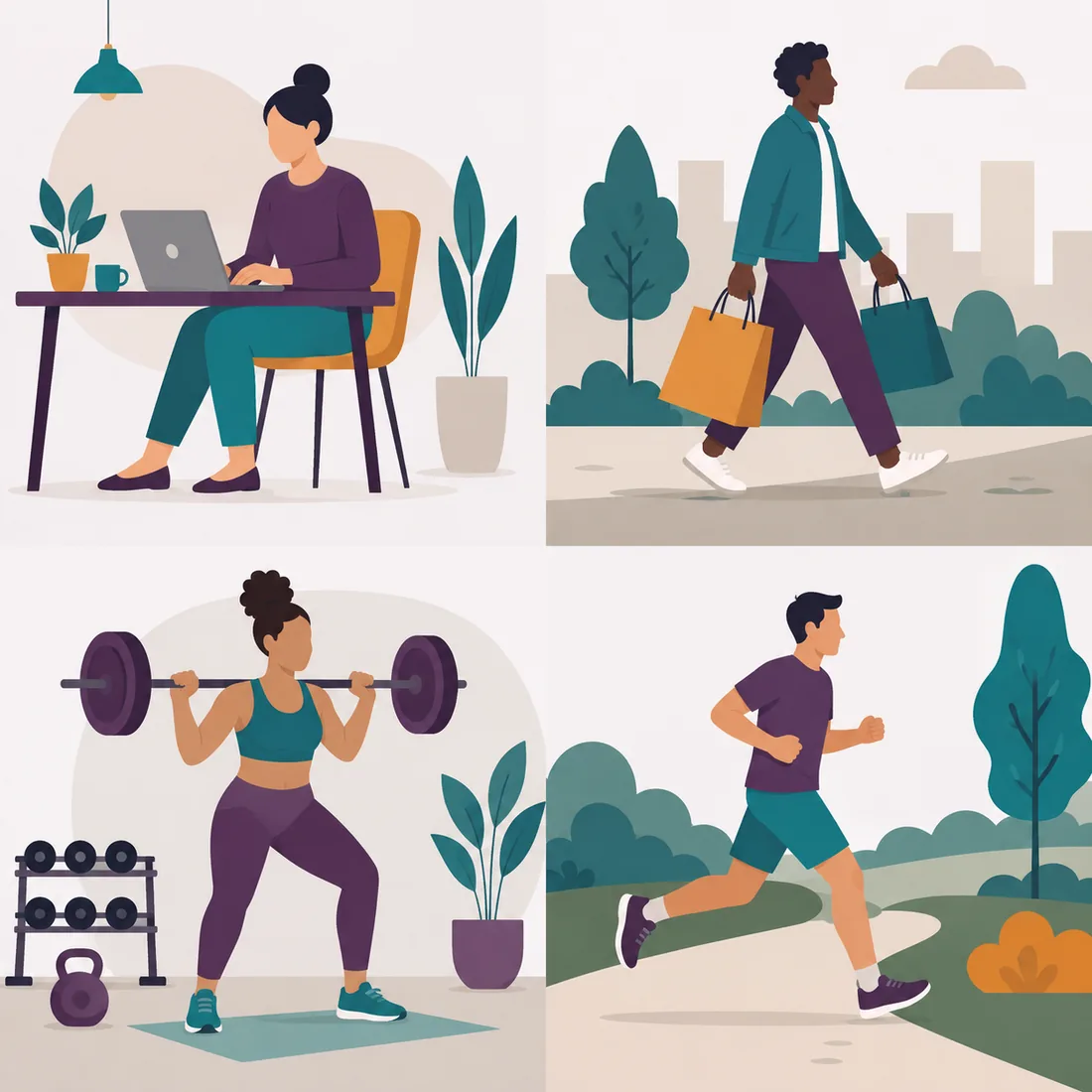 Four people going about a normal day: one at a desk, one walking with shopping bags, one lifting weights in a gym, one running outdoors