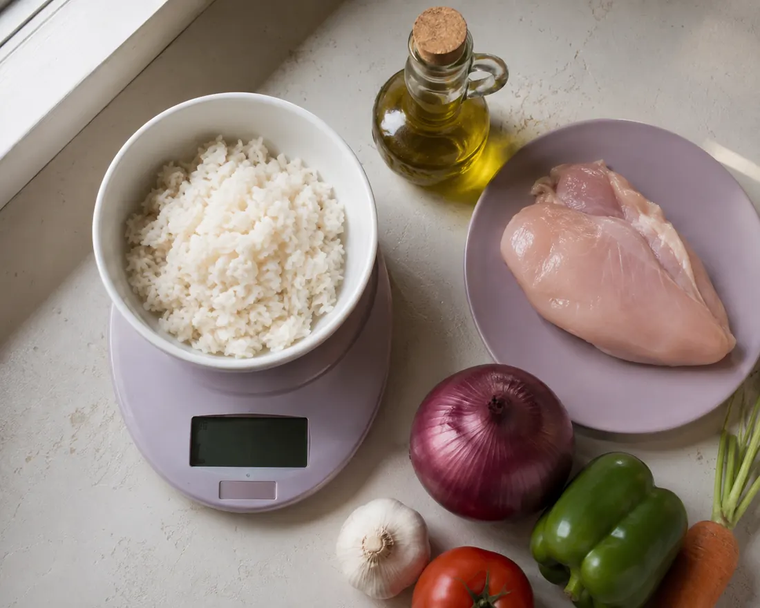 A digital kitchen scale on a worktop weighing a portion of cooked rice, with olive oil, chicken and vegetables beside it